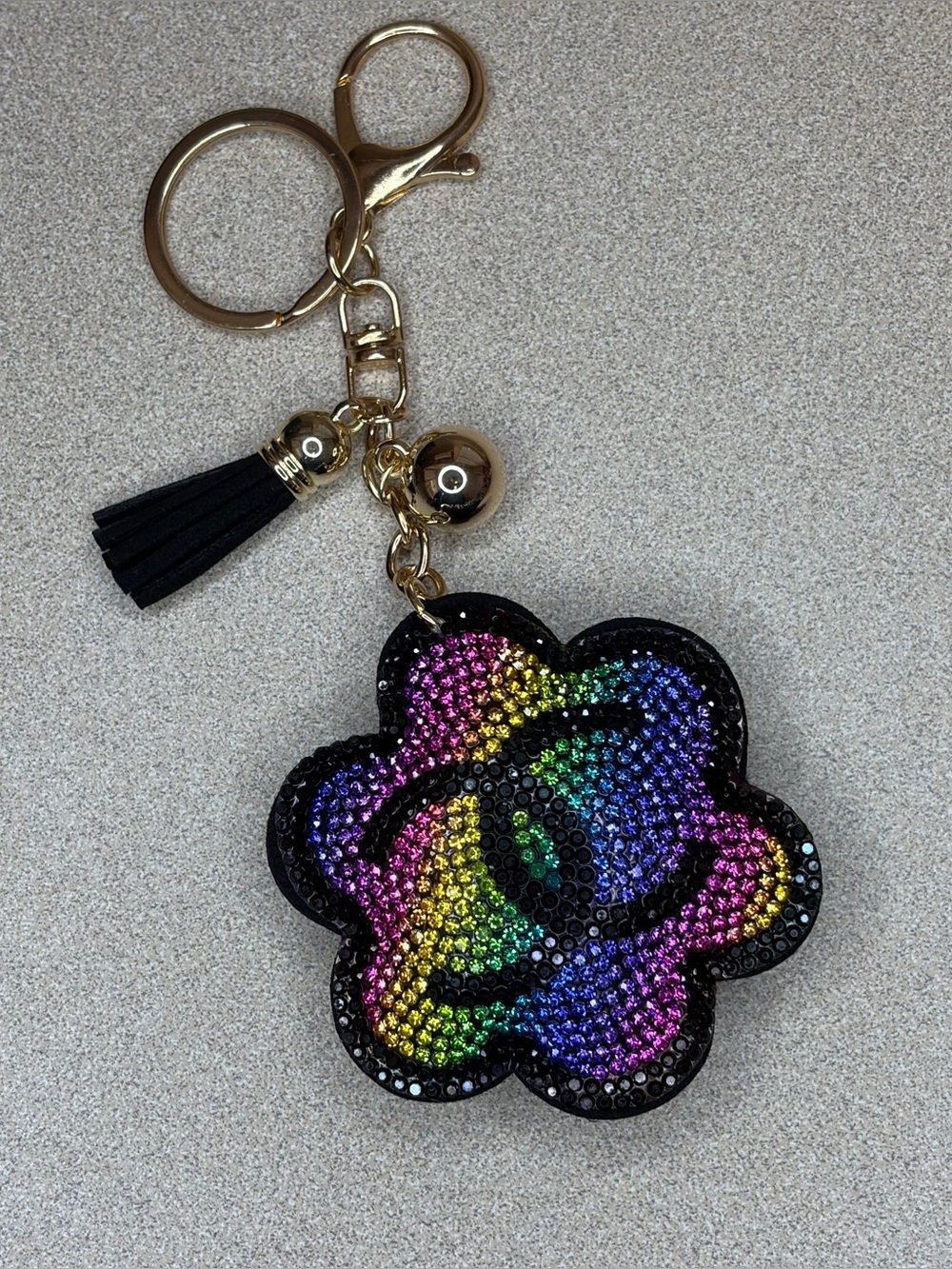 Rainbow Rhinestone Camellia Flower Keychain / Purse Charm with Black Tassel